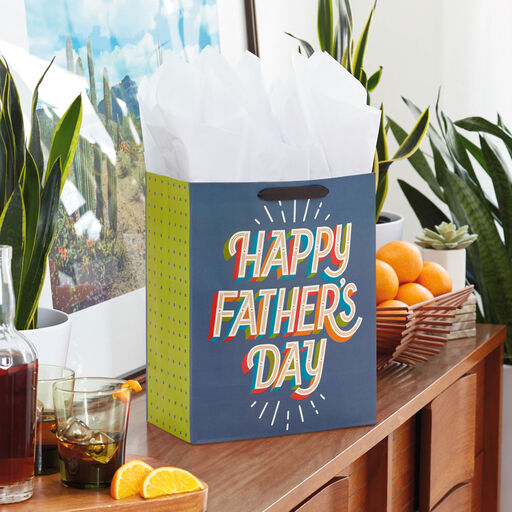 13" Happy Father's Day on Gray Large Gift Bag With Tissue Paper, 