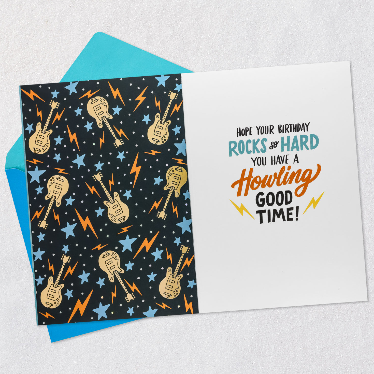 Wolf Playing Guitar Kids Birthday Card Open card with envelope image number 3