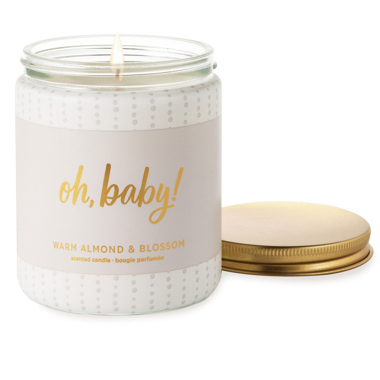 Oh Baby Warm Almond and Blossom Scented Jar Candle lid off lit image number 2