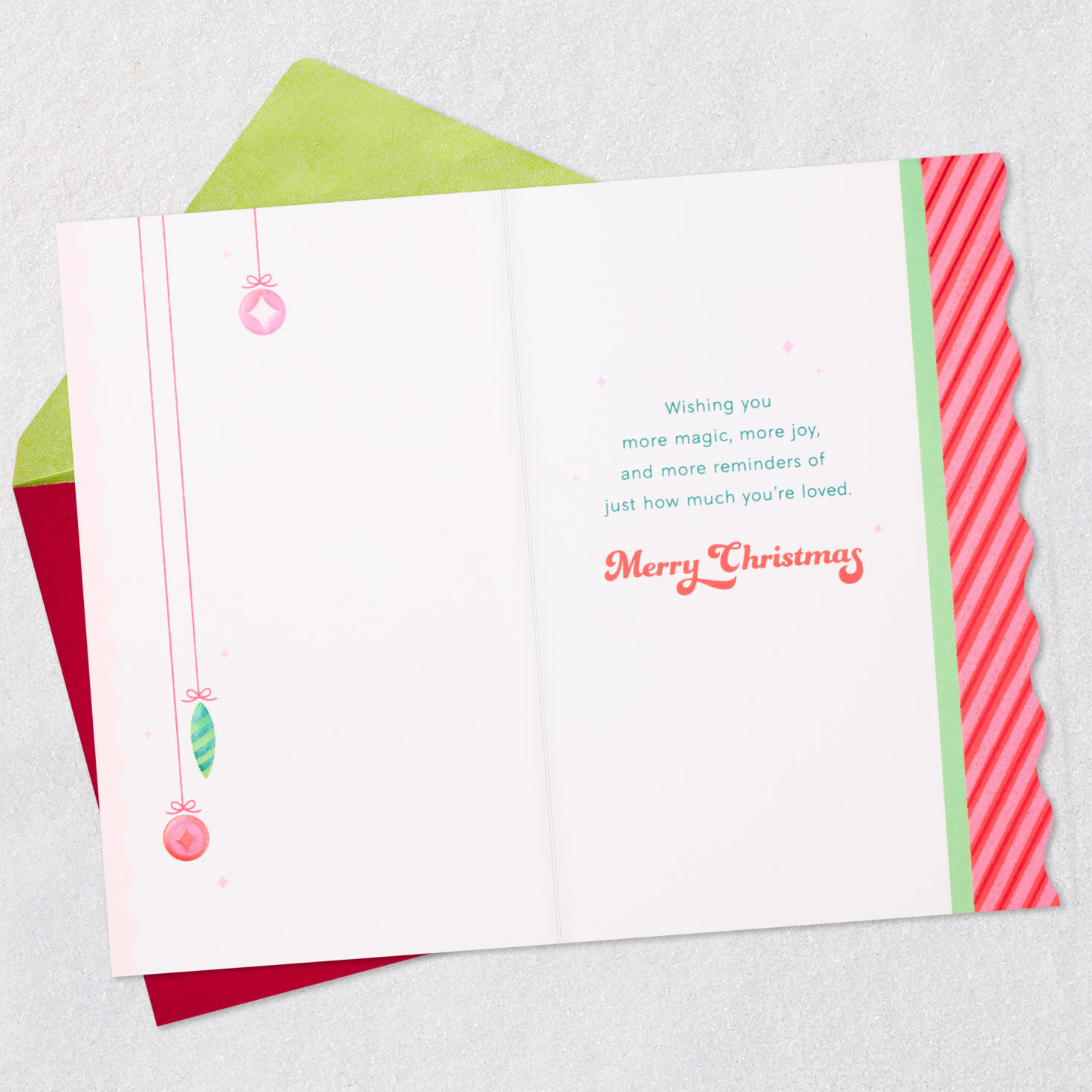 Pink Red Green Stacked Gifts Christmas Card Open card with envelope image number 3