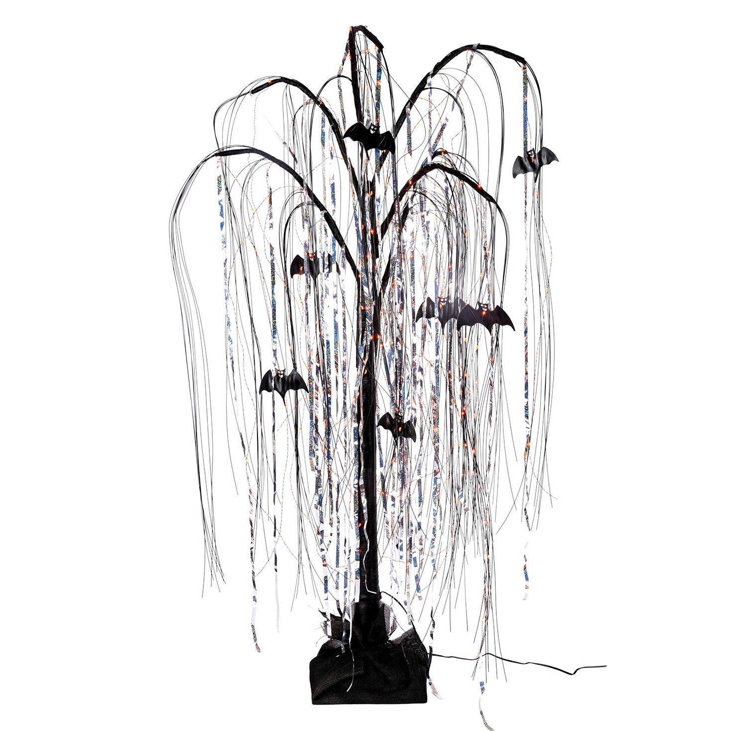 4 ft Electric Black Willow Halloween Tree with Bats and Orange Micro LEDs