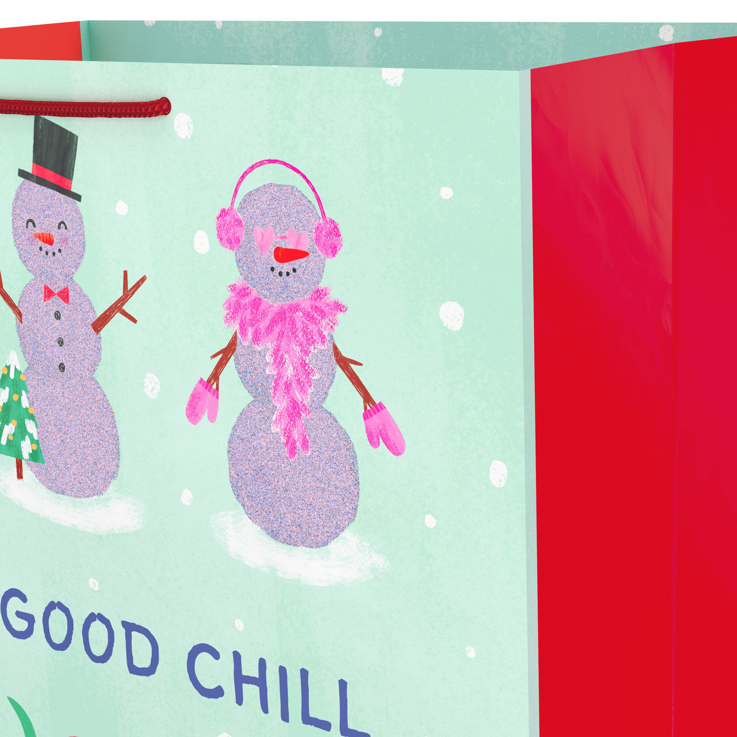 Modern Snowmen on Mint Green Jumbo Christmas Bag Handle Detail image number 4