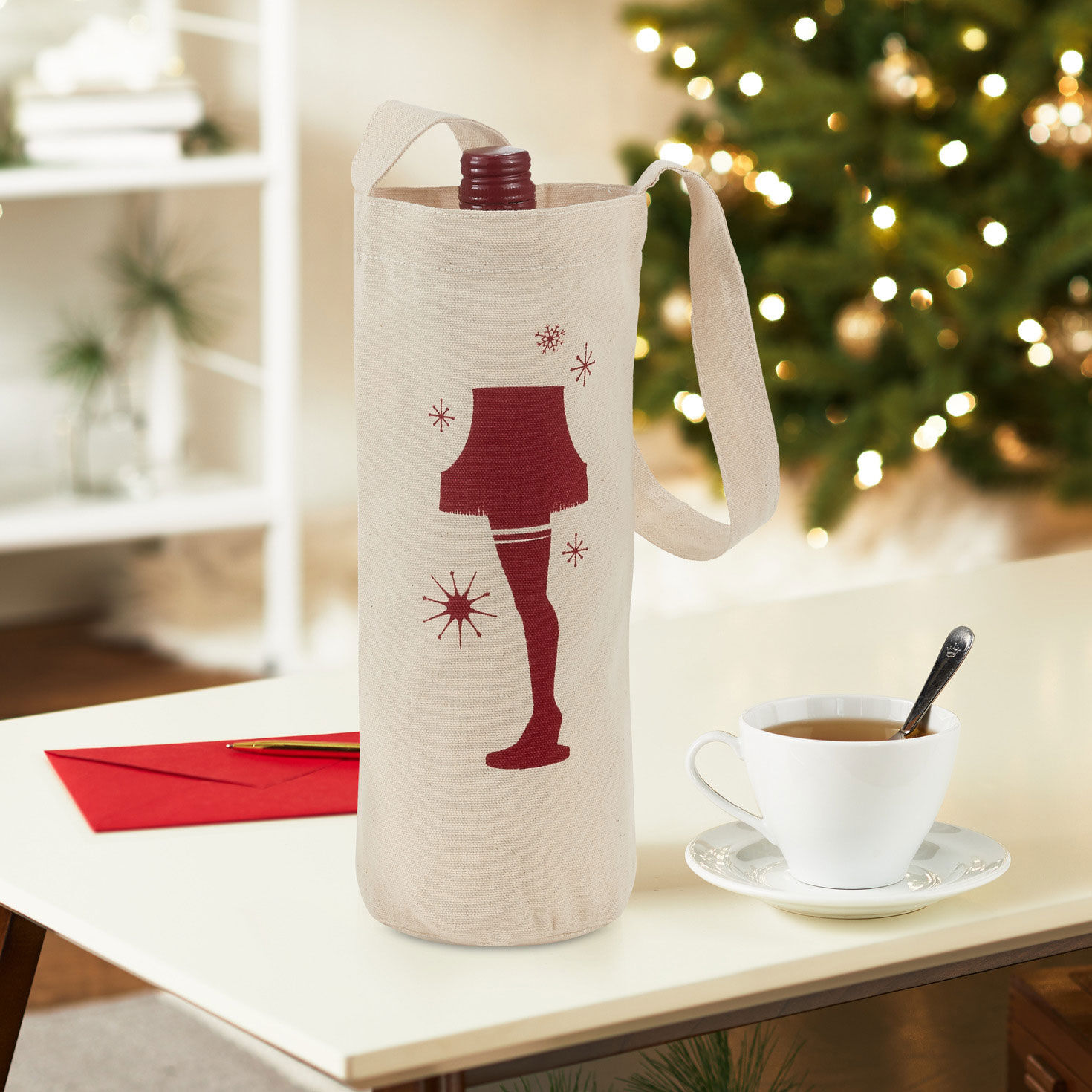 A Christmas Story Leg Lamp Canvas Wine Gift Tote In Use image number 2