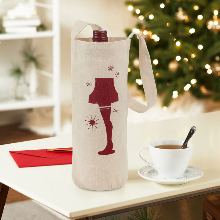 A Christmas Story Leg Lamp Canvas Wine Gift Tote In Use image number 2