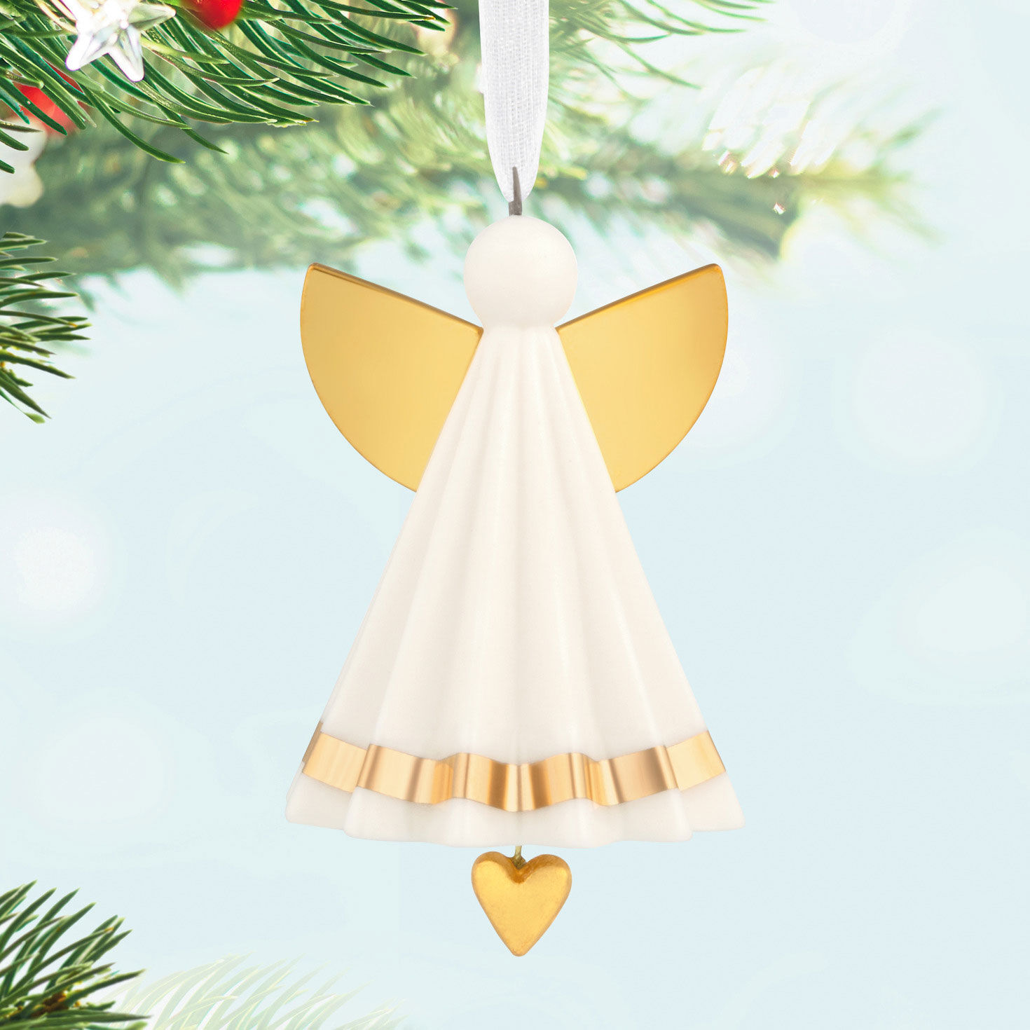 Small White and Gold Angel Keepsake Ornament Hanging on tree image number 2