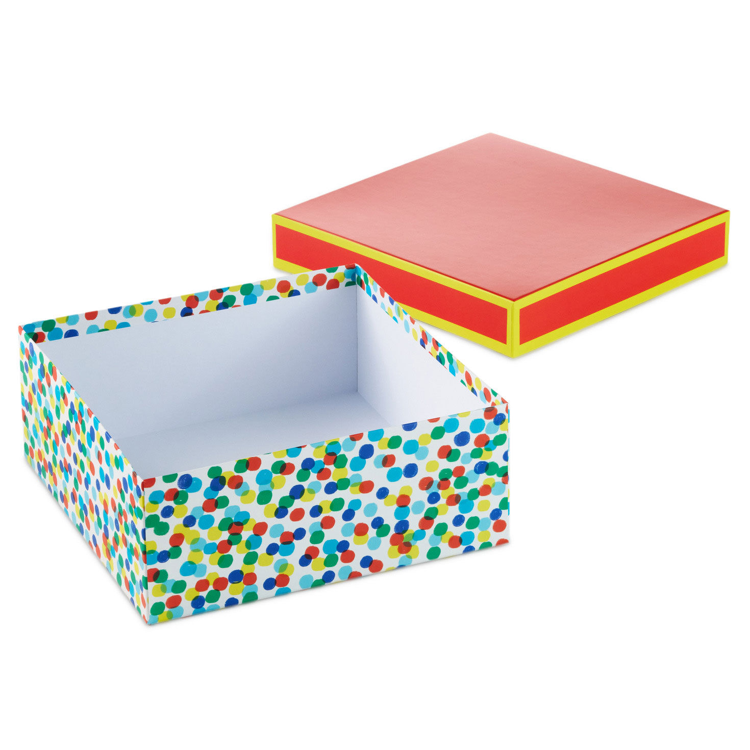 Large Square Red Gift Box With Colorful Dots Design front lid off image number 4