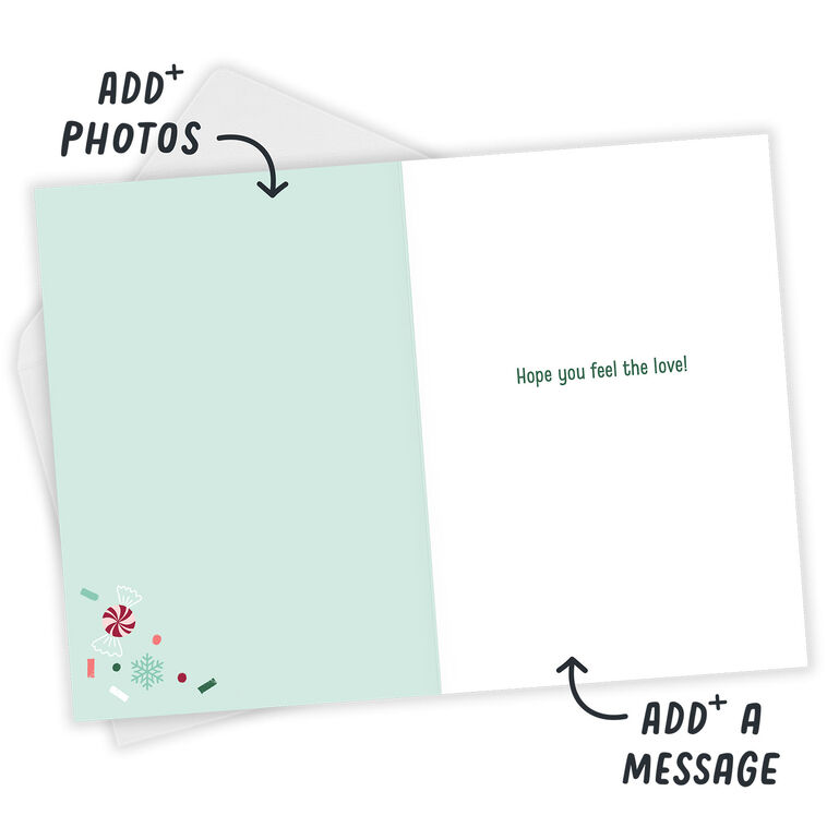 Green Red Paper Hug Personalized Holiday Card Open Card with Envelope indicating personalization image number 3