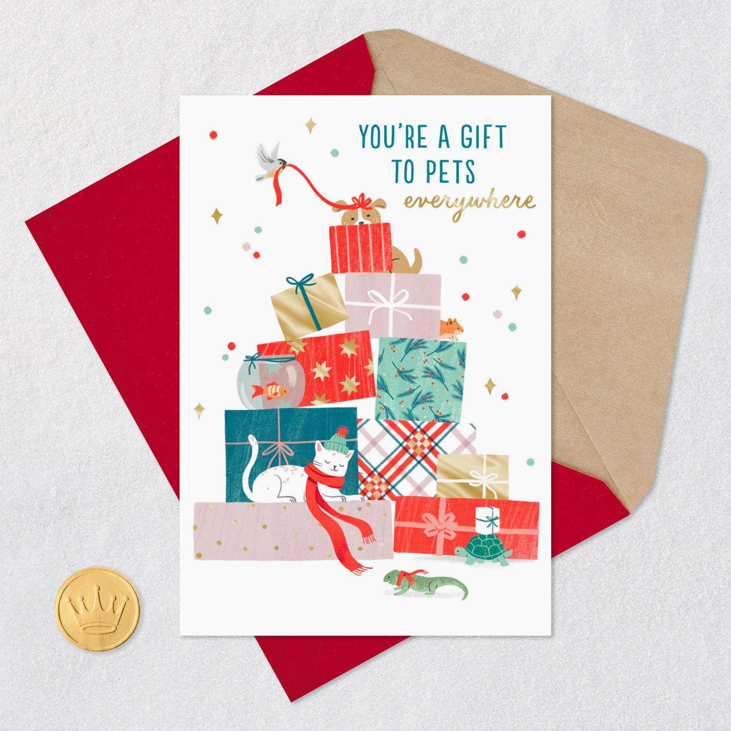 Stacked Gifts Pets Christmas Card for Animal Lover Card Front with Envelope and Gold Seal image number 5