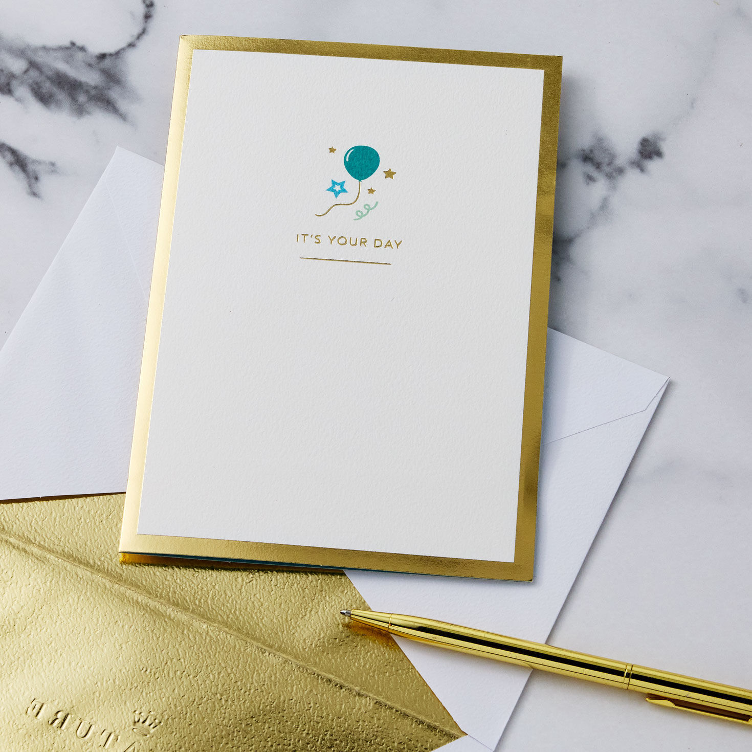 Gold, Blue and Teal Yay Pop-Up Birthday Card Card Front with Envelope and Gold Pen image number 6