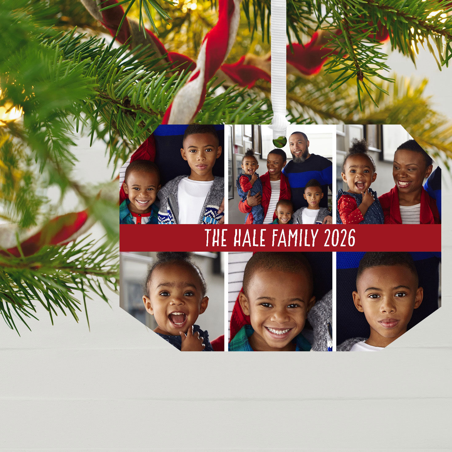 Six-Photo Personalized Christmas Ornament hanging on tree image number 2
