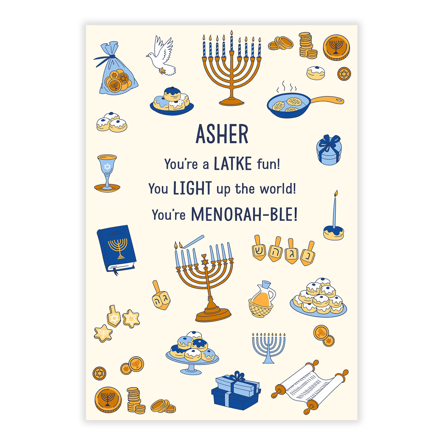 Jewish Symbols Drawings Personalized Hanukkah Card front image number 2