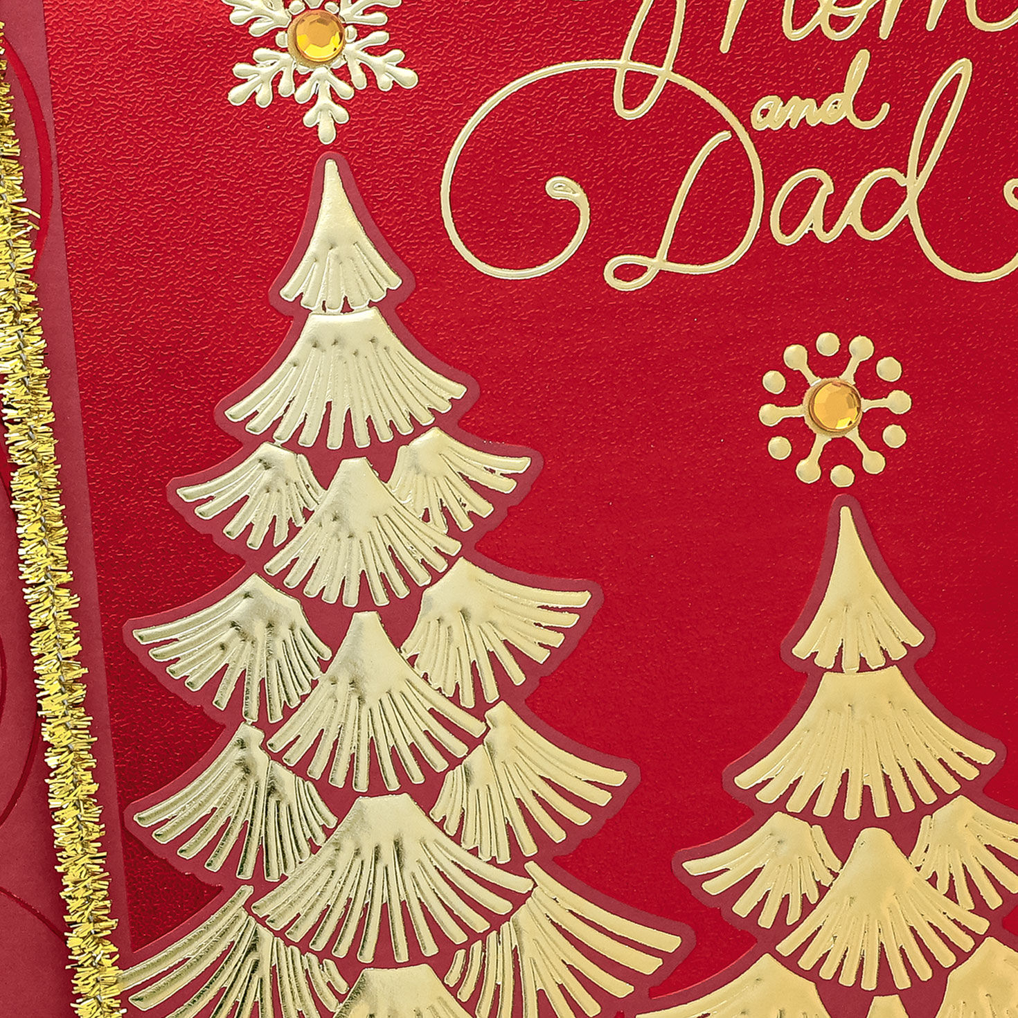 Gold Pines on Red Christmas Card for Mom and Dad Card Front Detail image number 5