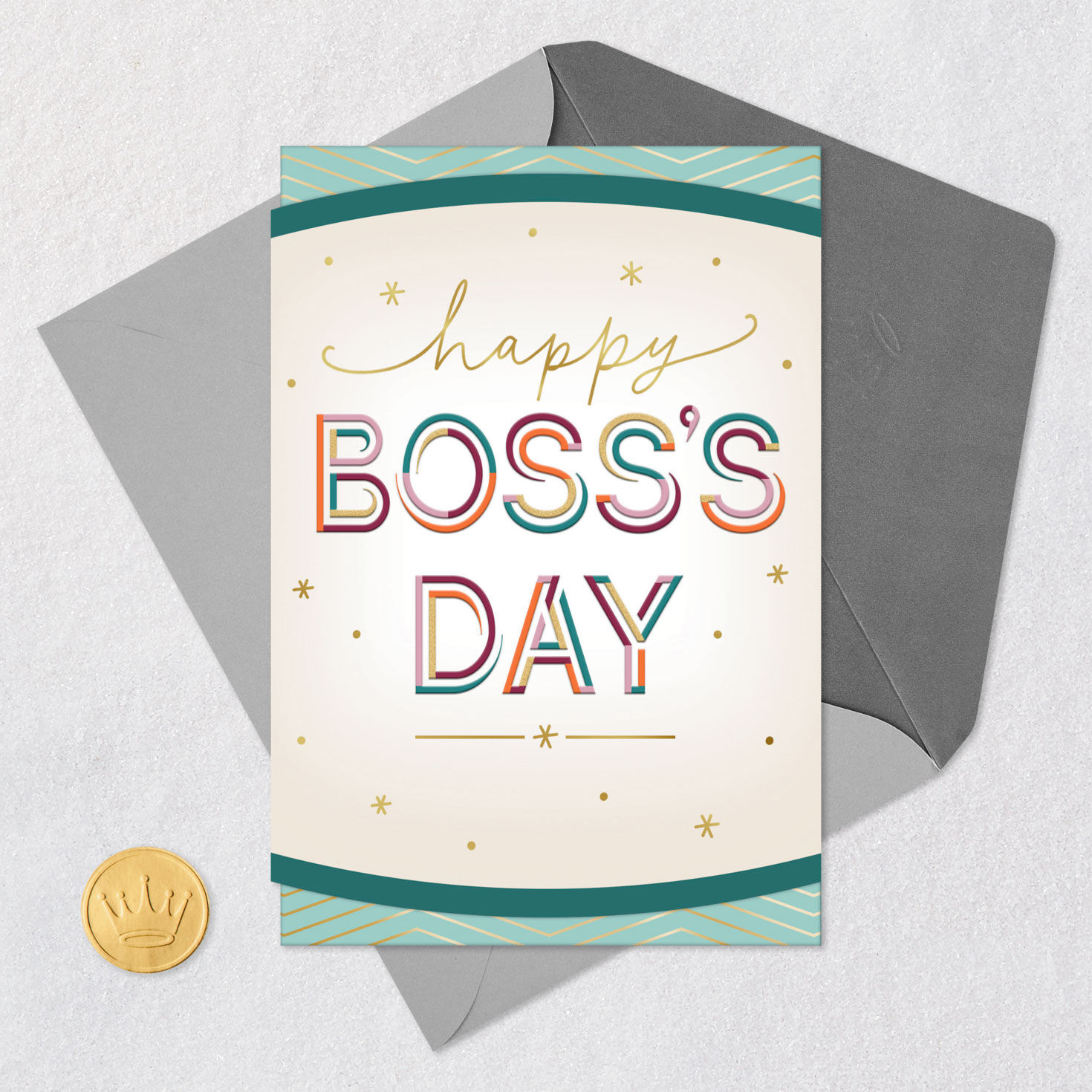 Colorful Lettering and Stars Boss's Day Card Card Front with Envelope and Gold Seal image number 6