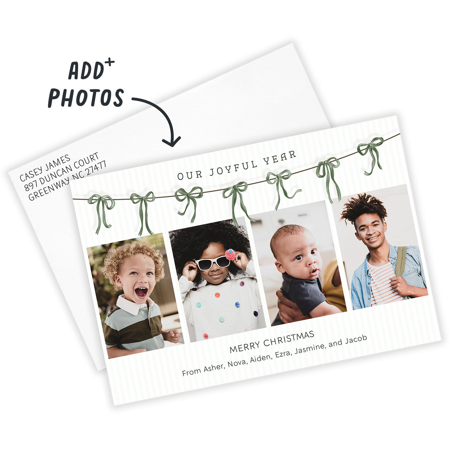 Joyful Year Bows Personalized Holiday Photo Card Card Front indicating personalization image number 2