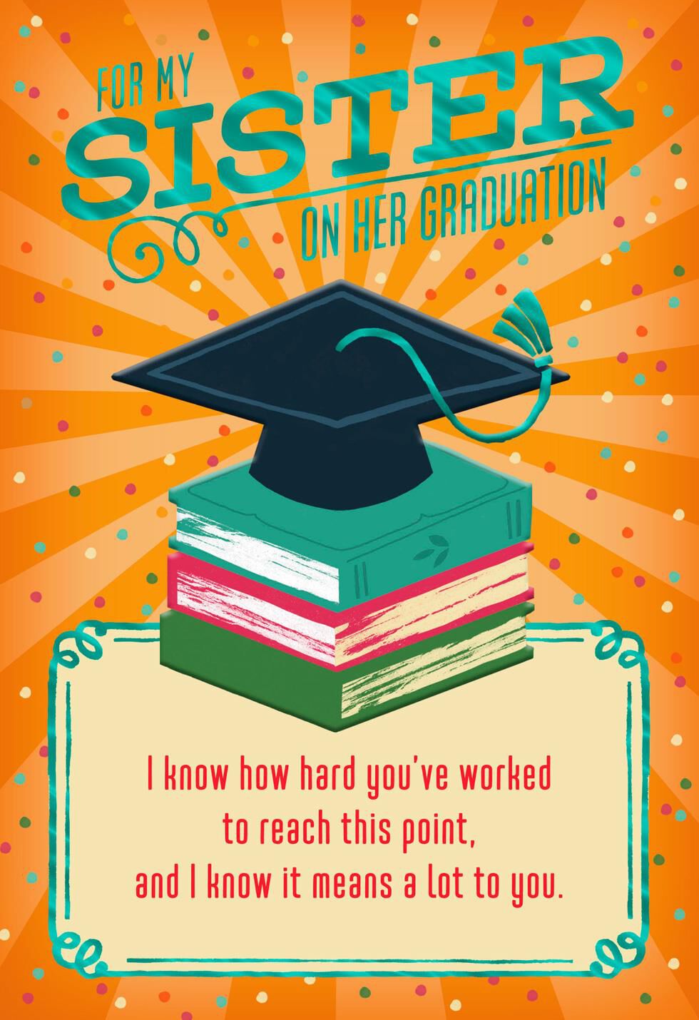 Mortarboard and Books Graduation Card for Sister