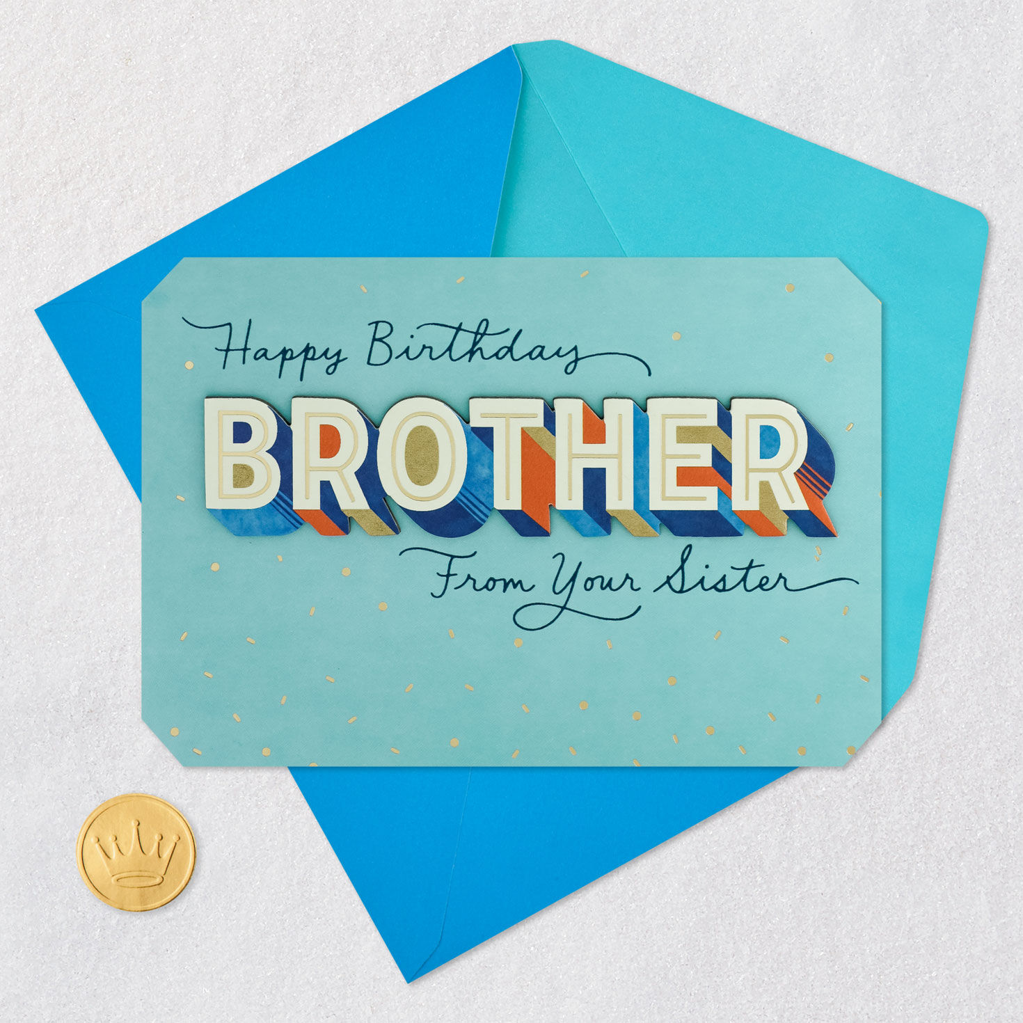 Blue and Orange Brother Birthday Card from Sister Card Front with Envelope and Gold Seal image number 5