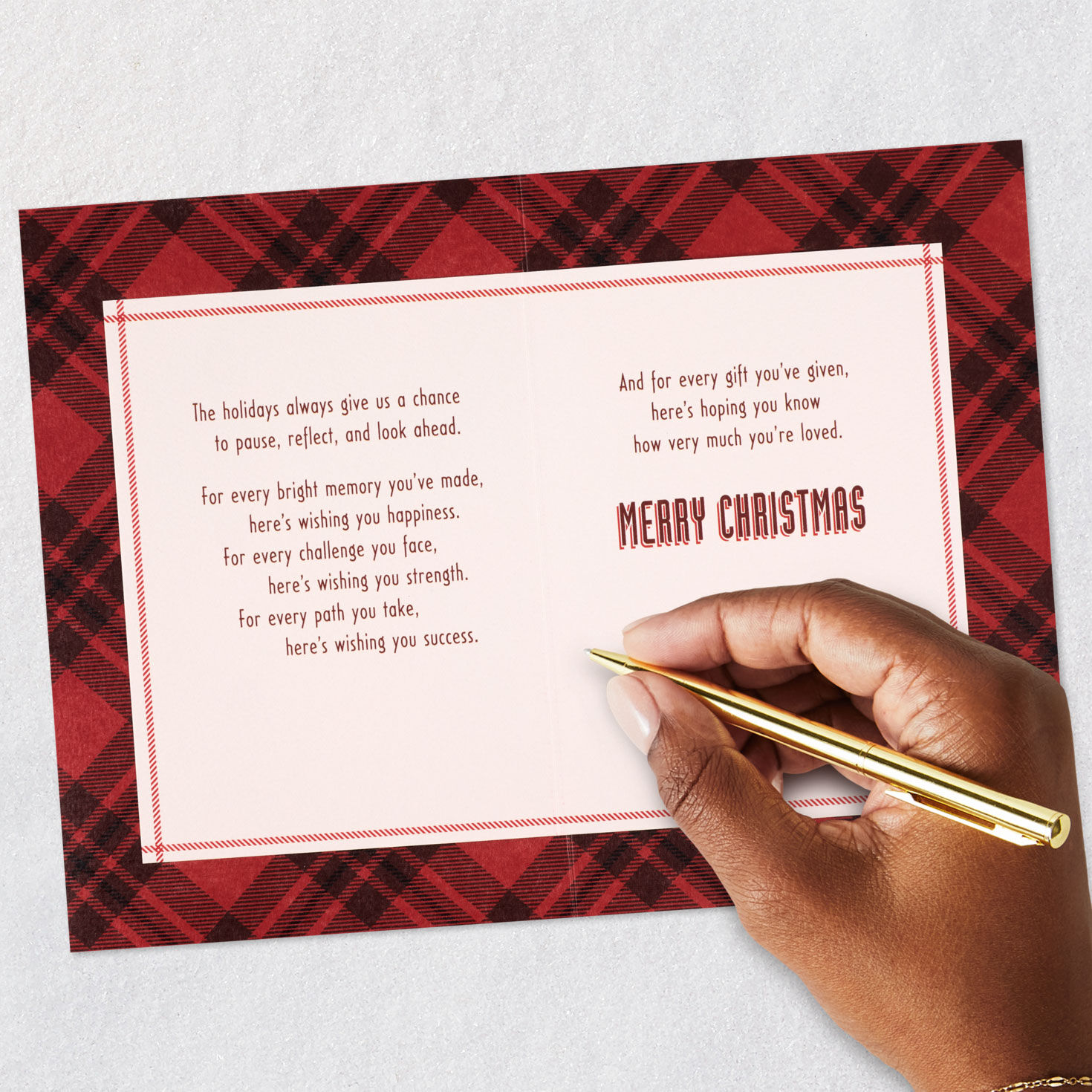 Pine Boughs and Red Plaid Son Christmas Card signing card image number 8