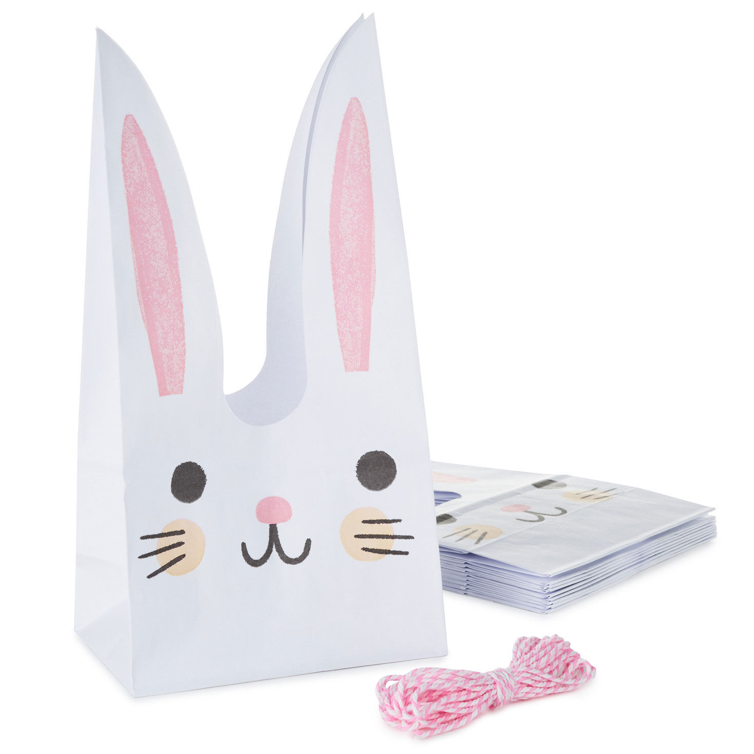 White Bunny Face Paper Treat Bags With Twine Ties front and flat image number 1