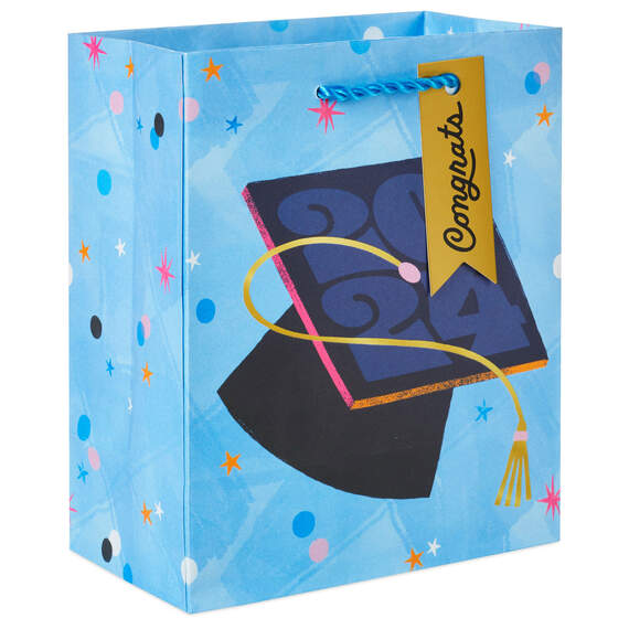 6.5" 2024 Mortarboard on Blue Small Graduation Gift Bag