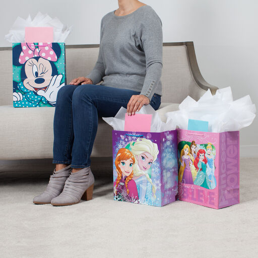 13" Disney Princess, Frozen 2 and Minnie Mouse 3-Pack Assorted Gift Bags With Tissue, 