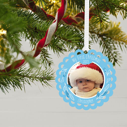 Baby's First Christmas Blue Scalloped Personalized Text and Photo Metal Ornament, 