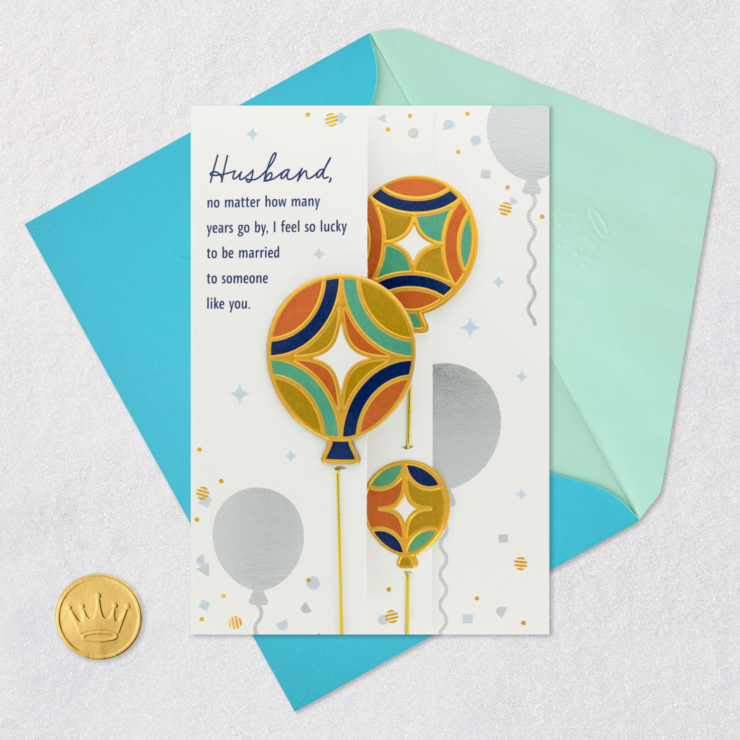 Orange, Blue and Green Balloons Husband Birthday Card Card Front with Envelope and Gold Seal image number 7