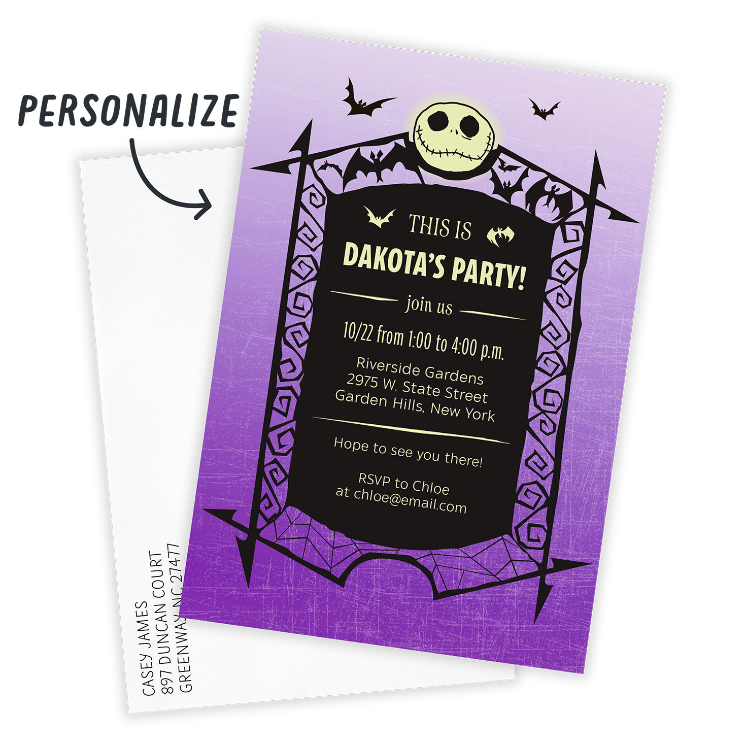 Jack Face on Purple Personalized Party Invitation Card Front indicating personalization image number 2