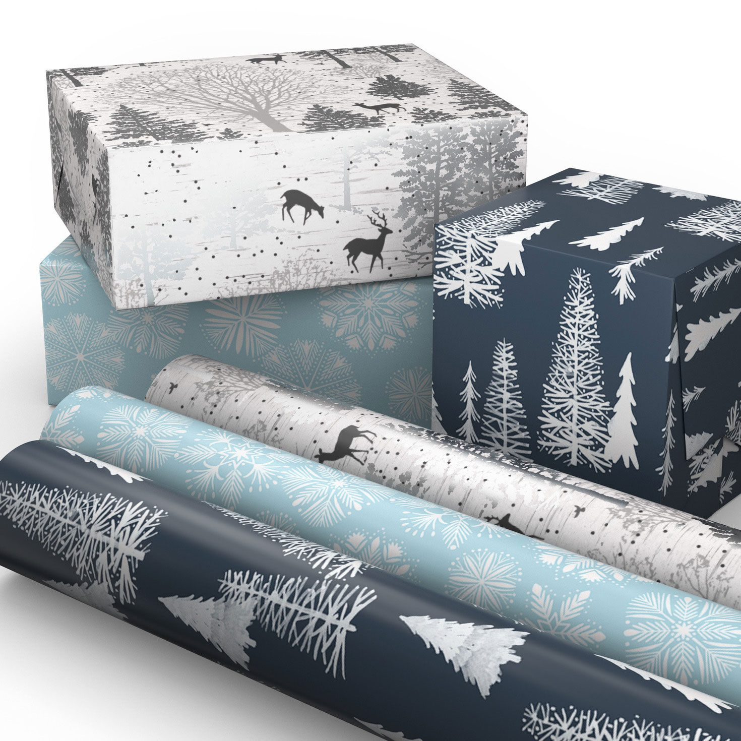 Blue Winter Trees 3-Pack Mini Xmas Gift Wrap Rolls Wrapped pkg image number 2