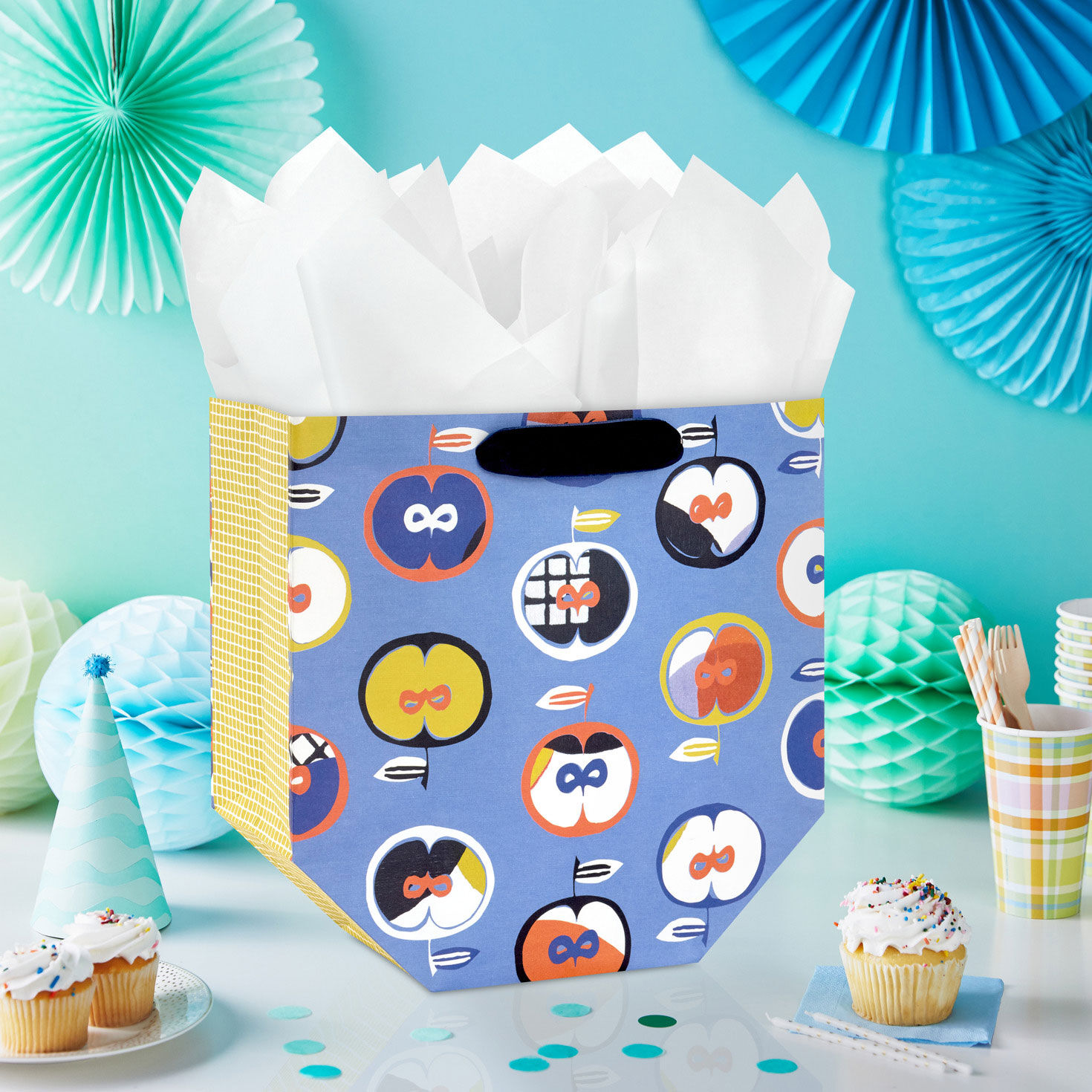 Archives Abstract Apples on Blue Large Gift Bag In use image number 2