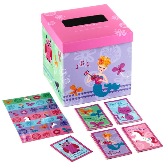 Pretty in Pink Kids Classroom Valentines Set With Cards, Stickers and Mailbox