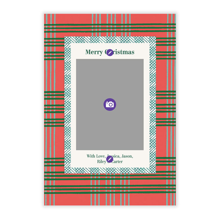 Red Green Blue Plaid Personalized Christmas Photo Card Card Front indicating personalization image number 5
