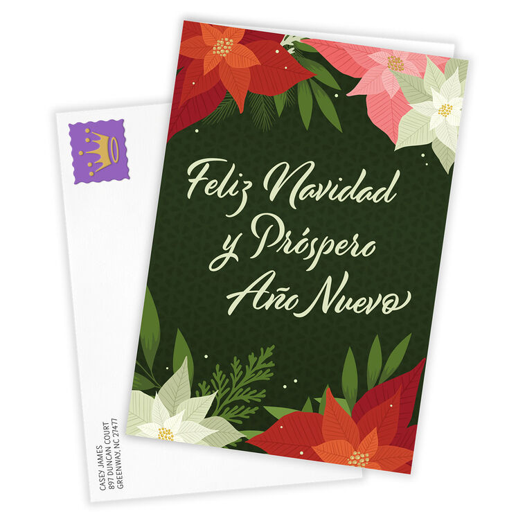 Red Pink White Poinsettias Christmas Card in Spanish Card  front with Envelope  image number 2