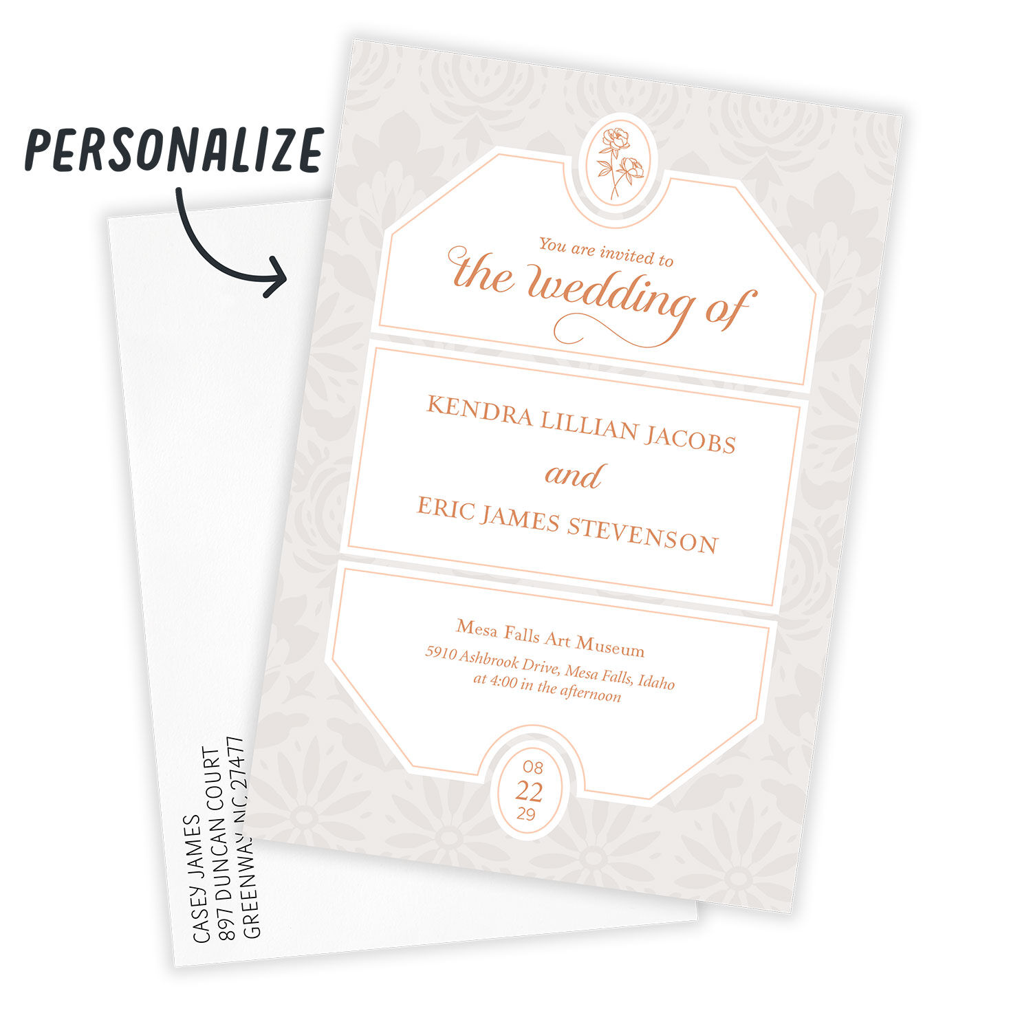 Damask Background Personalized Wedding Invitation Card front with Envelope indicating personalization image number 2