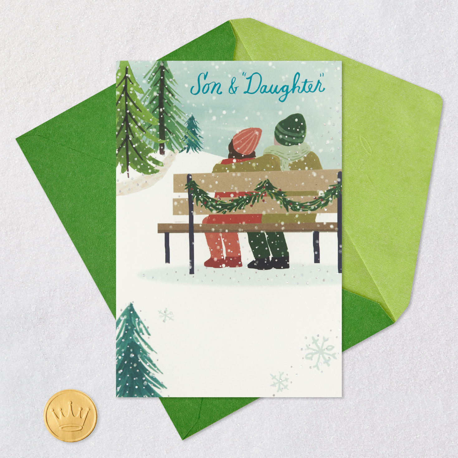 Couple on Bench Son and Daughter-in-Law Christmas Card Card Front with Envelope and Gold Seal image number 6