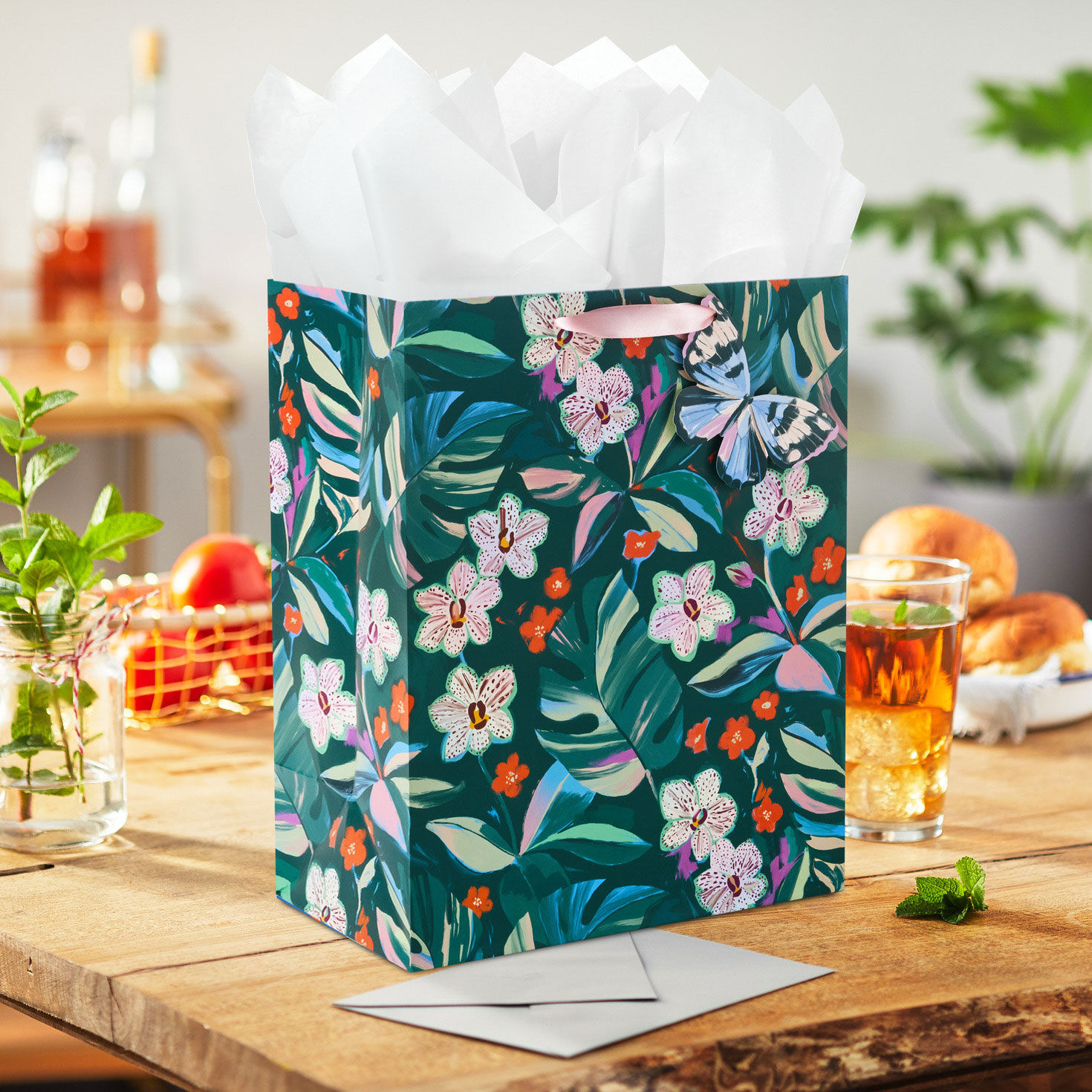 Orange and Speckled Flowers Large Gift Bag in use image number 2