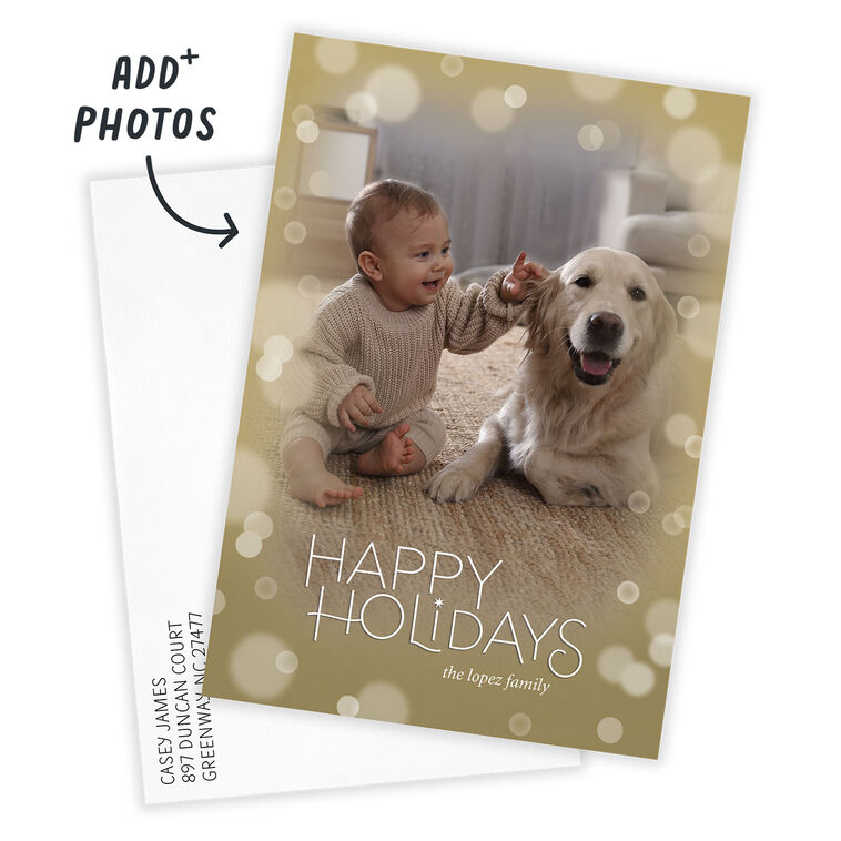 Faded Gold Bubbles Personalized Holiday Photo Card Card with Envelope indicating personalization image number 2