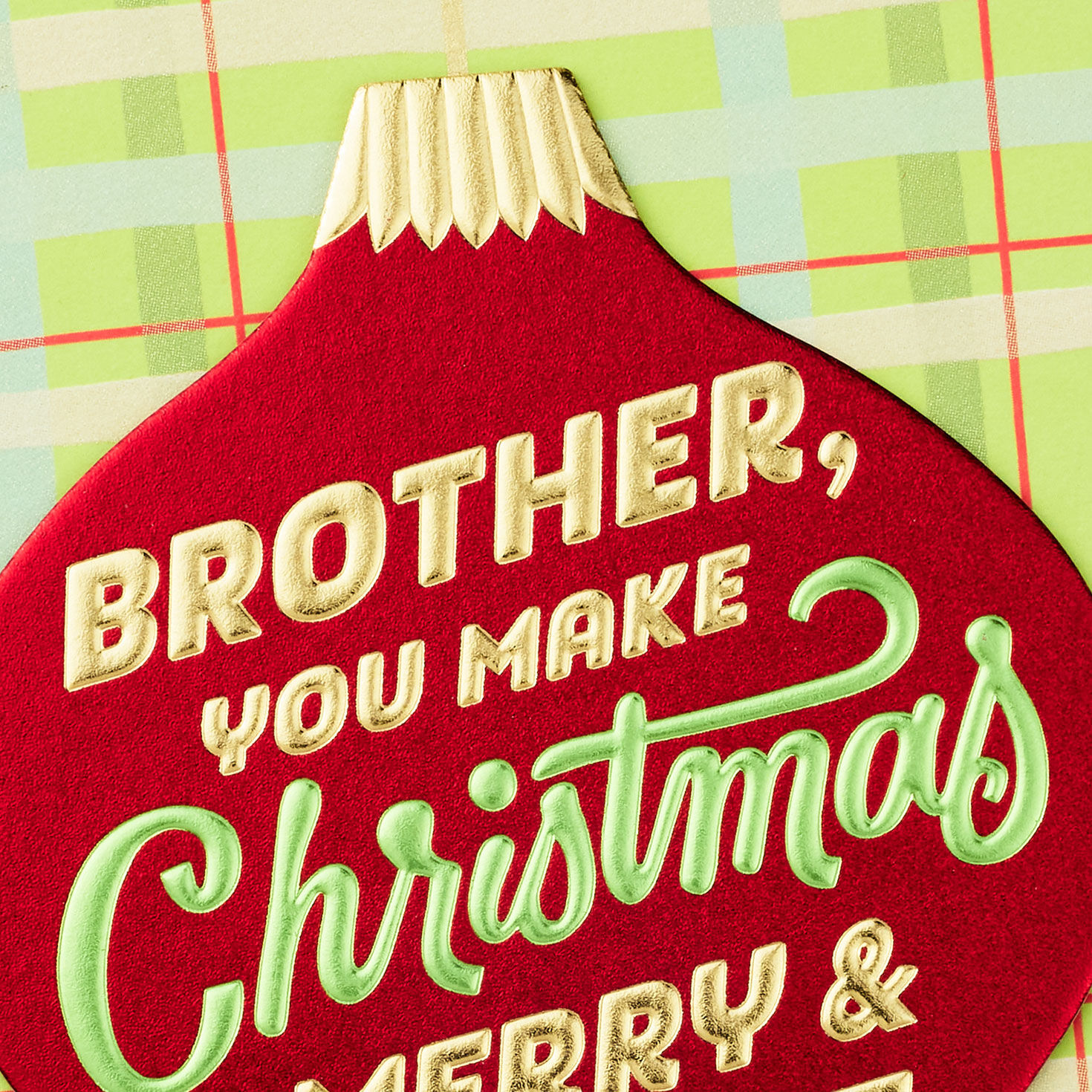 Red Ornament Green Plaid Christmas Card for Brother Card Front Detail image number 4