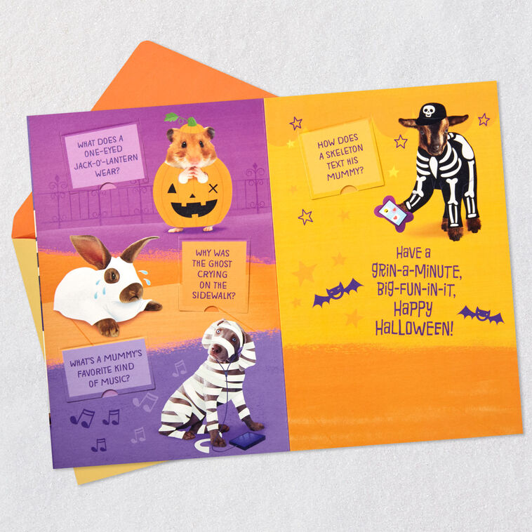 Cat Witch and Mummy Dog Riddles Halloween Card for Kids Open card with envelope image number 4