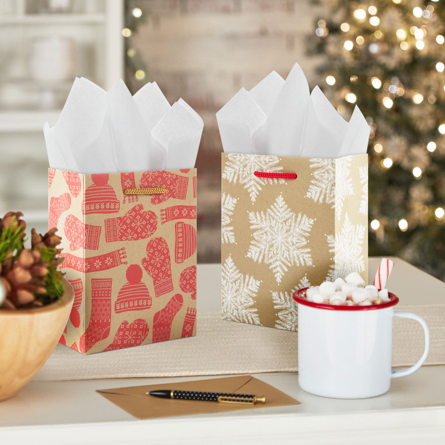 5.7 Holiday Prints on Kraft 4 Pack Assorted Small Christmas Gift Bag Bundle