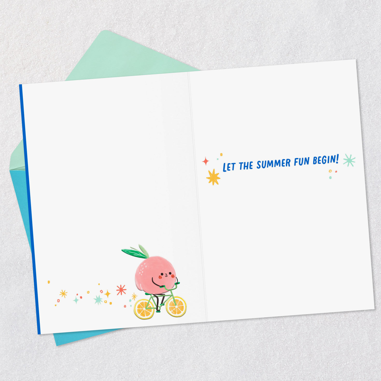 Dancing Fruit on Blue Schools Out Kids Card Open card with envelope image number 3