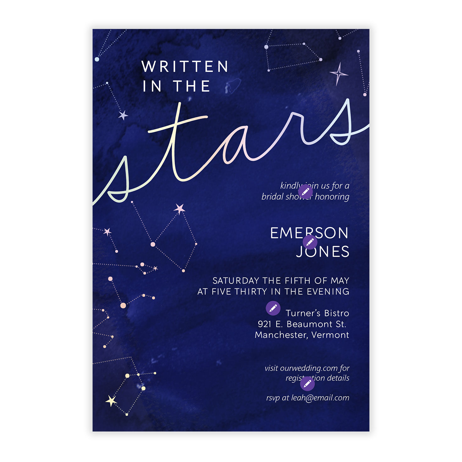 Blue Constellations Personalized Shower Invitation Card Front indicating personalization image number 5