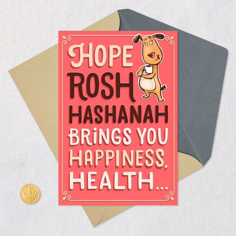 Dog With Coffee Funny Rosh Hashanah Card Card Front with Envelope and Gold Seal image number 6