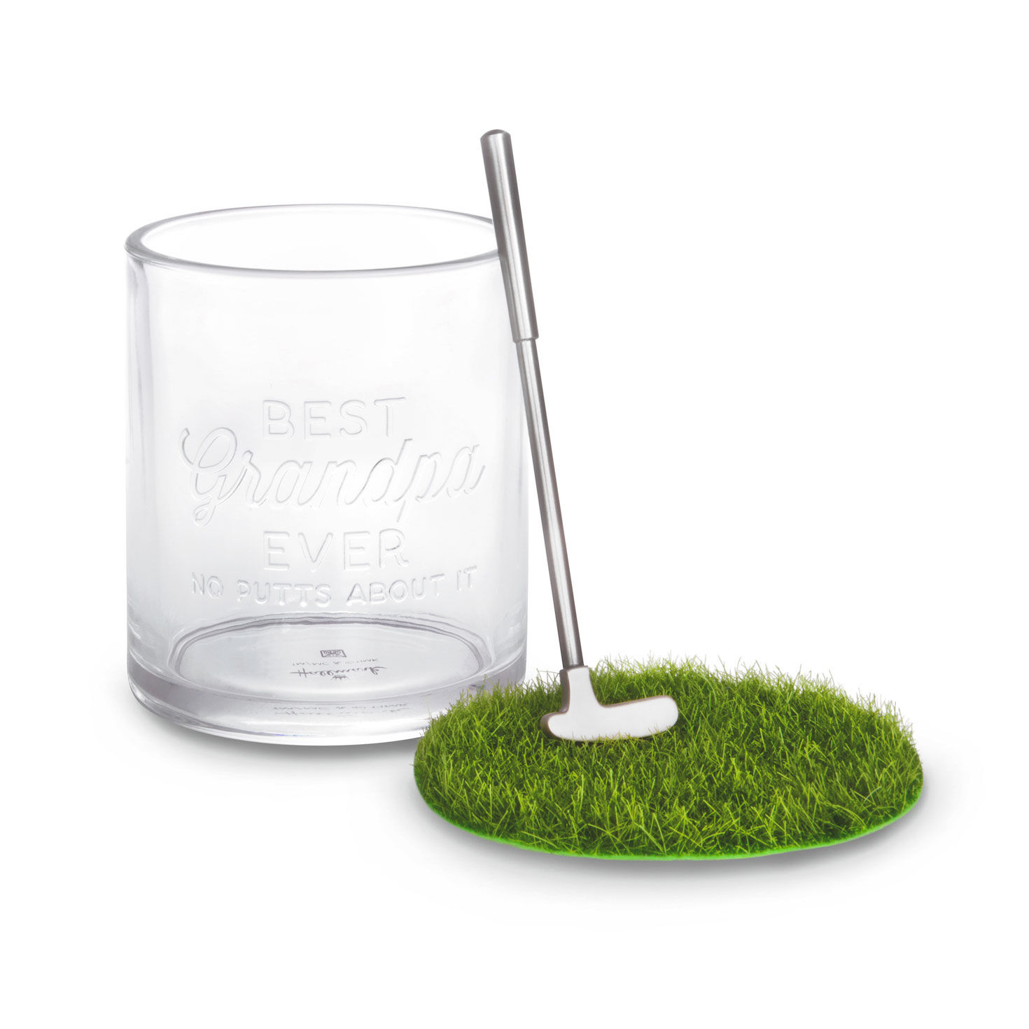 Best Grandpa Ever Lowball Glass With Golf Club Stirrer and Turf Coaster, 8.5 oz.