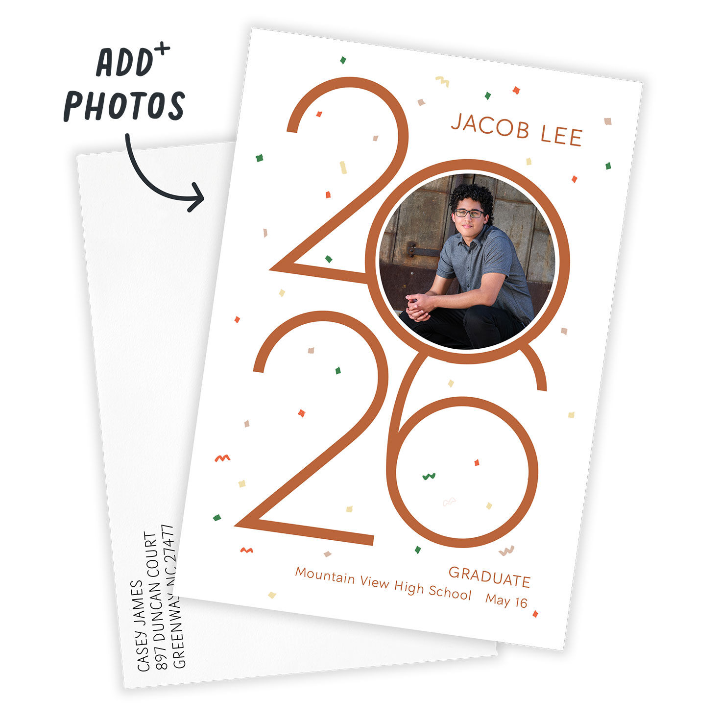Orange 2026 Confetti Personalized Grad Announcement Card Front indicating personalization image number 2