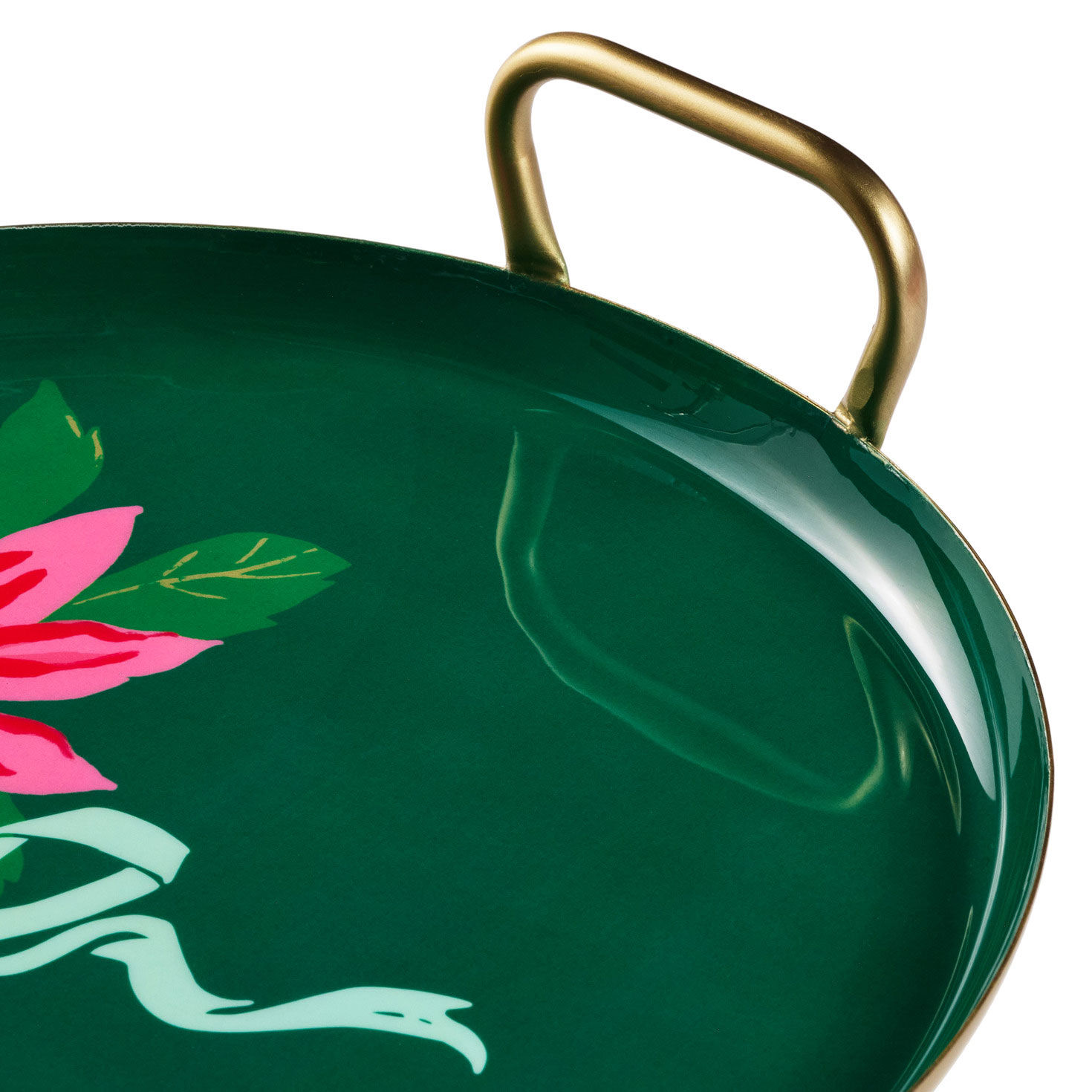 Round Serving Tray With Poinsettia and Bow Designs upclose view image number 4