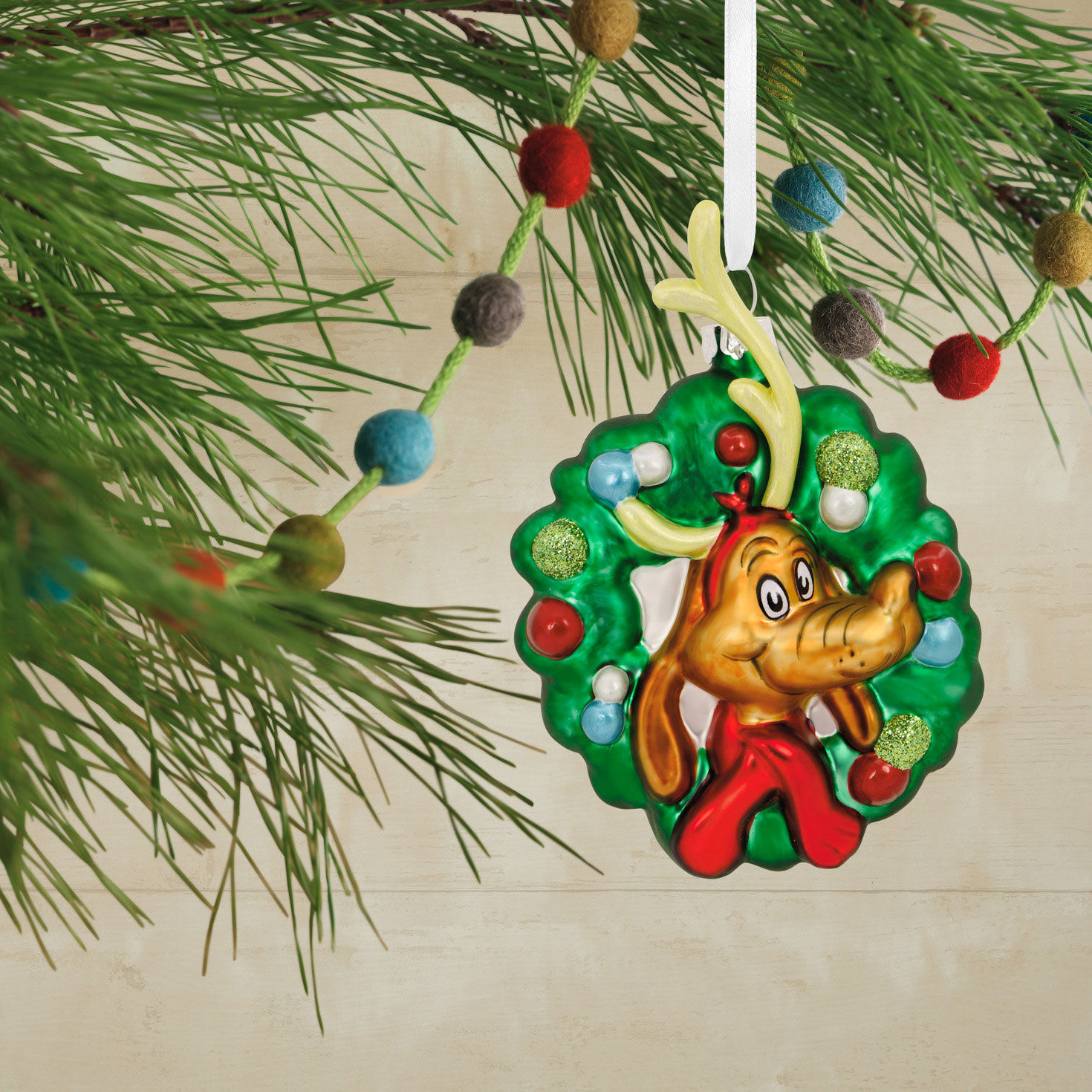 Grinch Max the Dog in Wreath Christmas Ornament hanging on tree image number 2
