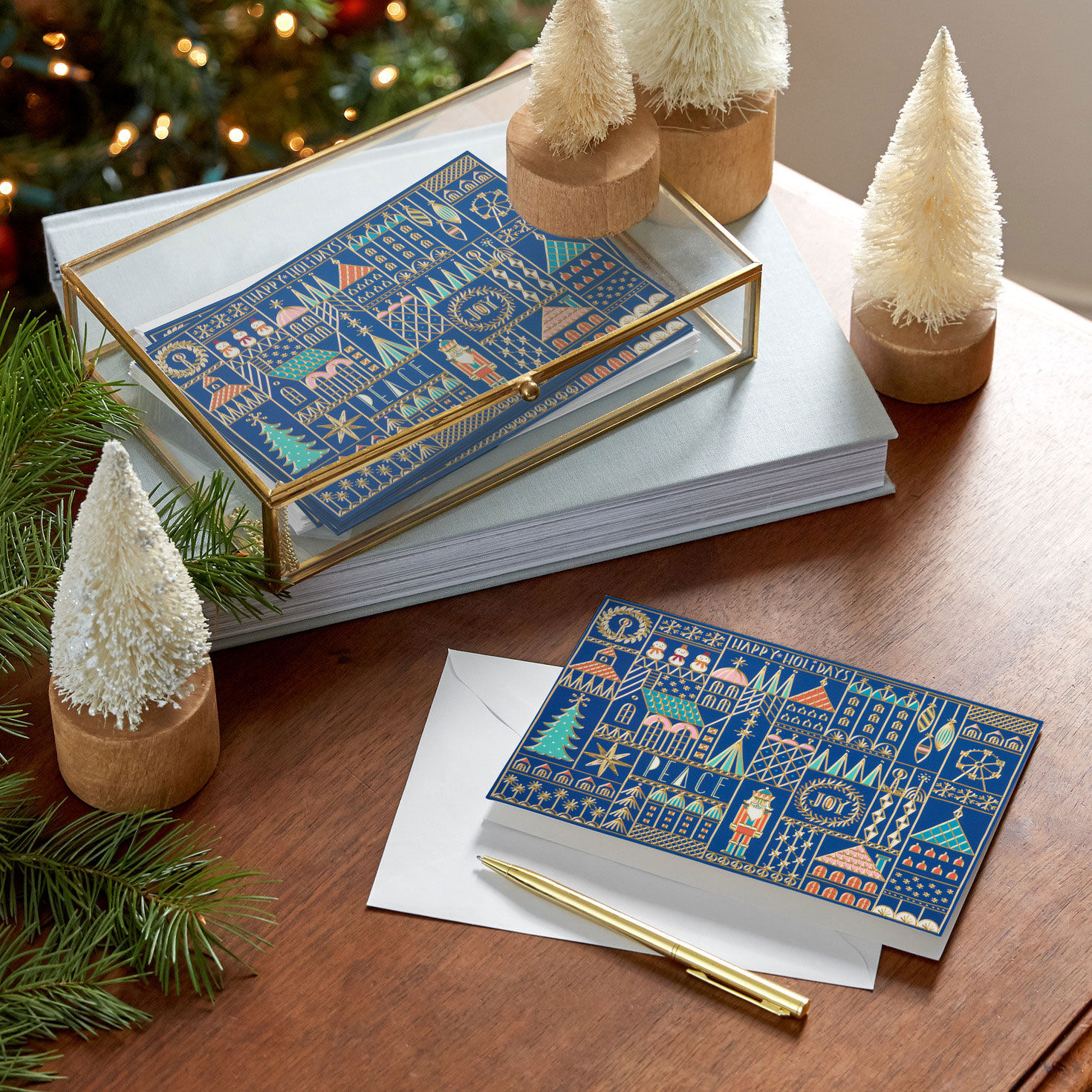 UNICEF Geometric Christmas Village on Blue Boxed Christmas Cards, Pack of 12 for only USD 12.50 | Hallmark