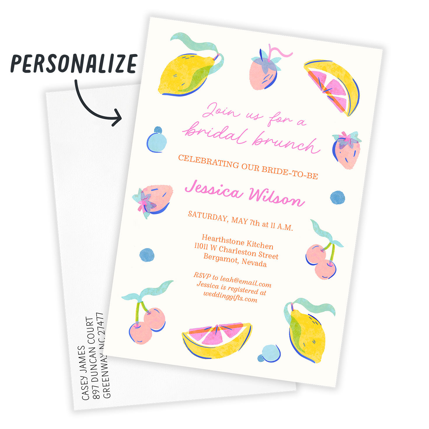 Watercolor Citrus Art Personalized Shower Invitation Card front with Envelope indicating personalization image number 2