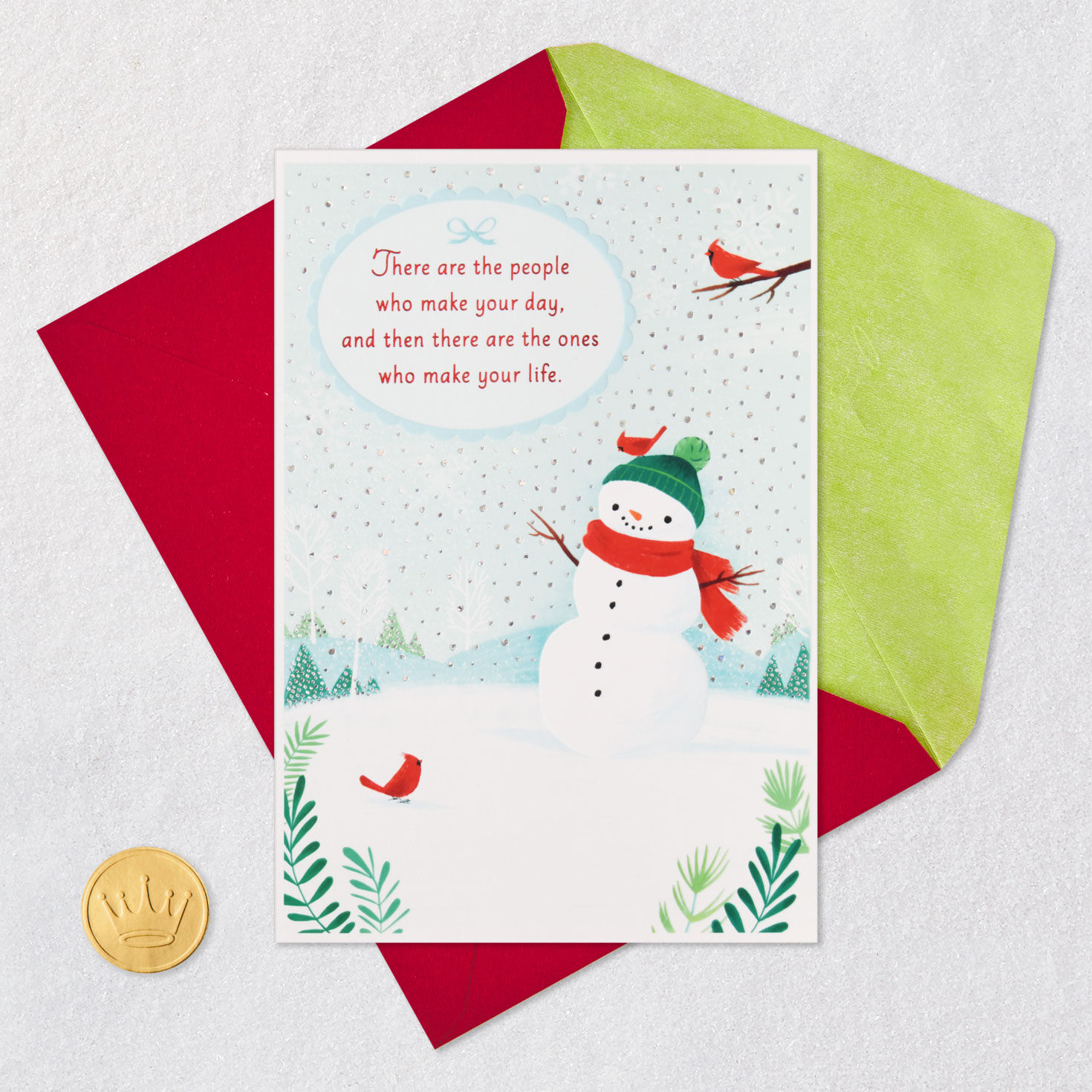 Snowman and Cardinals Aqua Holiday Card Card with envelope and Seal image number 5
