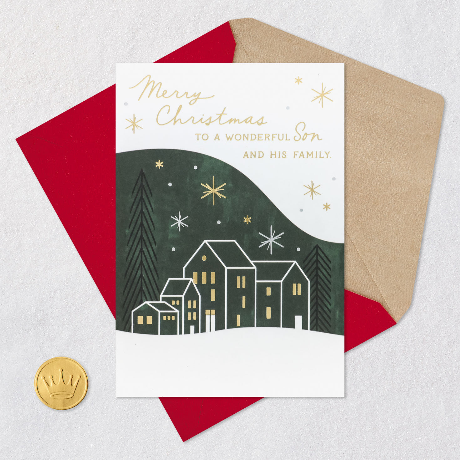 Green Winter Village Christmas Card for Son Card Front with Envelope and Gold Seal image number 6
